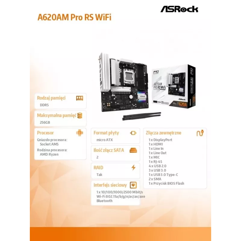 Mātesplate ASROCK A620AM PRO RS WIFI AM5 microATX, AMD A620, 4×DDR5, Wi‑Fi, HDMI, DP, 3×M.2, 2×SATA, 7.1 audio, 1Gb LAN