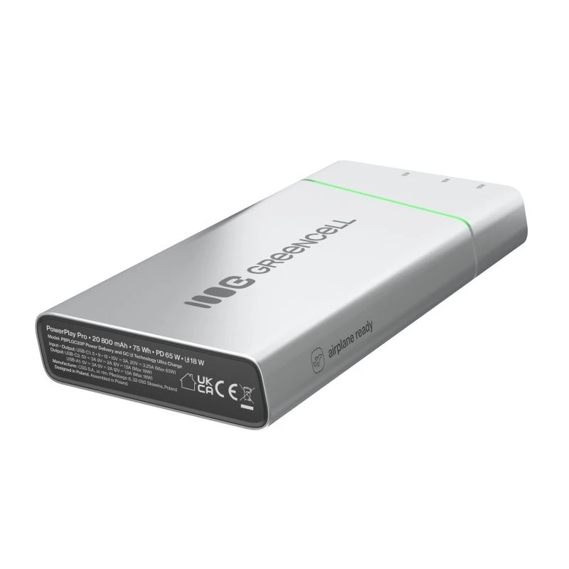 Portatīvs akumulators zaļa Cell BPLGC20P 20800 mAh litija jonu, USB-C PD 65W, 2x USB-C + 1x USB-A, alumīnija korpuss