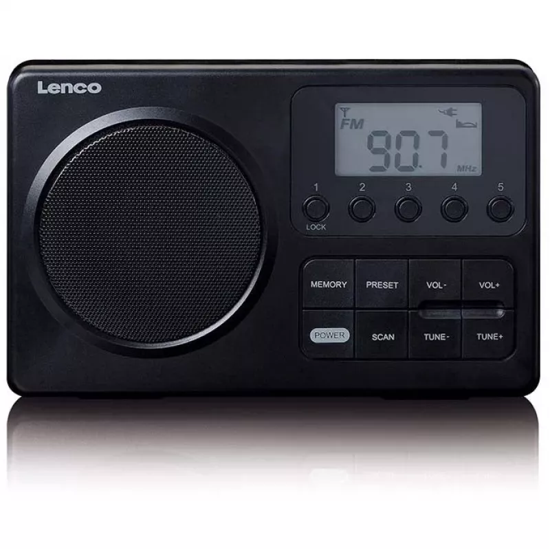 Pārnēsājams radio Lenco MPR-035BK — FM/AM, tīkla un bateriju barošana, 2,5 collu LCD, 20 FM iepriekšiestatījumi, 3,5 mm izeja
