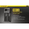 Bateriju lādētājs Nitecore NEW i2 — 2 vietu lādētājs LiFePO4, Li-Ion, NiMH baterijām; ieeja 100–240V; izeja 9–12V; piemērots AAAA/C/D/AAA/AA; melns