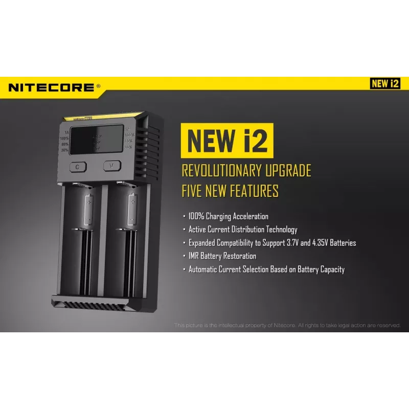 Bateriju lādētājs Nitecore NEW i2 — 2 vietu lādētājs LiFePO4, Li-Ion, NiMH baterijām; ieeja 100–240V; izeja 9–12V; piemērots AAAA/C/D/AAA/AA; melns