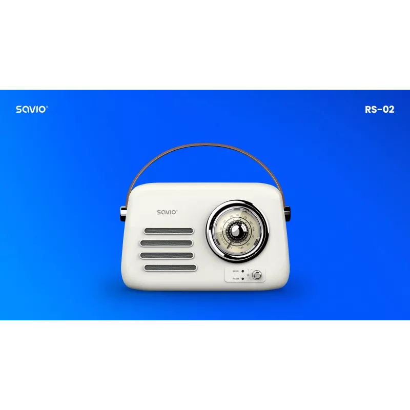 Portatīvais radio SAVIO RS-02 — analogais FM skaņotājs, Bluetooth 5.3, USB barošana, 3 W, balts