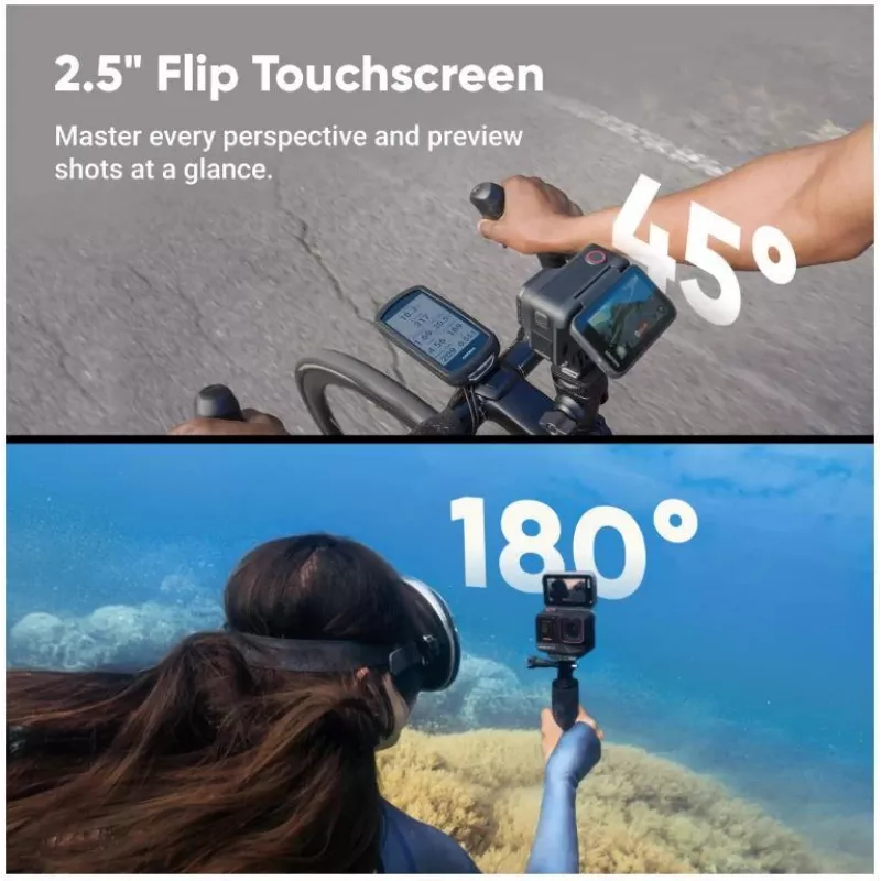 Action sports kamera Insta360 Ace Pro 2 — 50 MP, 8K Ultra HD (7680×3272), 1/1,3 collu sensors, līdz 240 kadriem/s, iebūvēts displejs, Wi‑Fi, MicroSD, 177,7 g, Melna