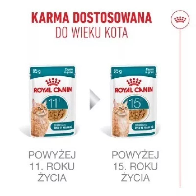 Mitrā kaķu barība Royal Canin FHN Ageing 11+ Gravy 12 × 85 g – pilnvērtīga mitrā barība senioriem paplātītēs