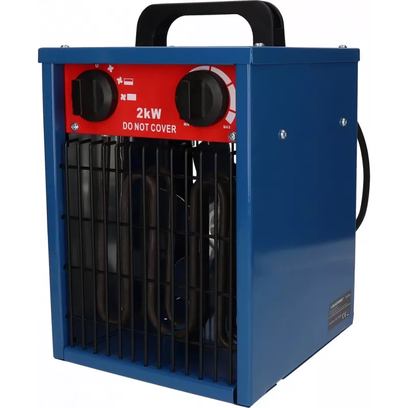 Ventilatora elektriskais telpu sildītājs BLAUPUNKT EH7010 — 2000 W, nerūsējošā tērauda elements, IPX4, grīdas lietošana, līdz 22 m², melns/zils/sarkans