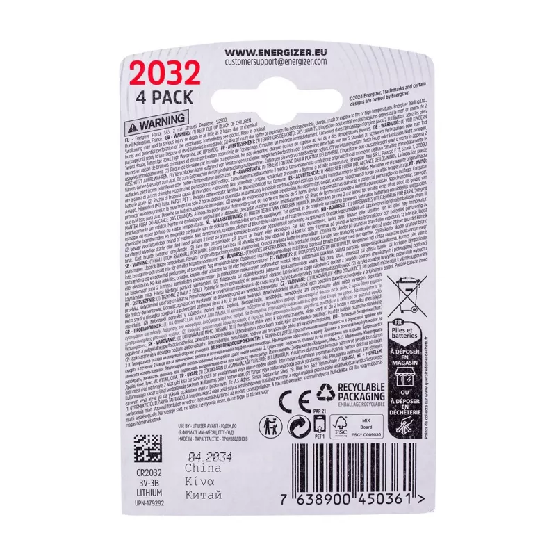 ENERGIZER specializētā baterija CR2032, 4 gab., 3V, ECO
