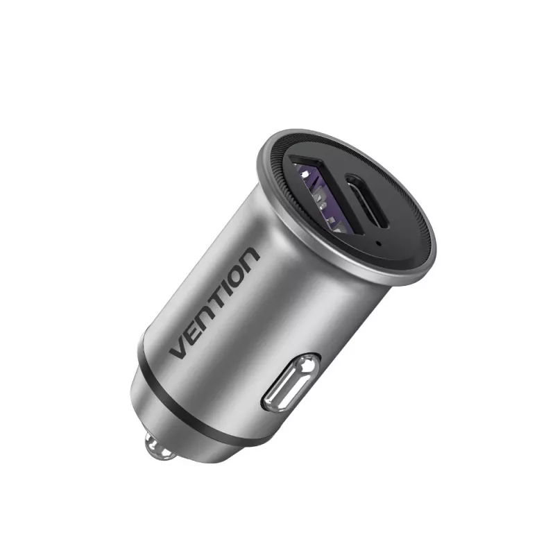 Vention divu portu USB A+A (30+30) automašīnas lādētājs pelēkā mini stilā, alumīnija sakausējums