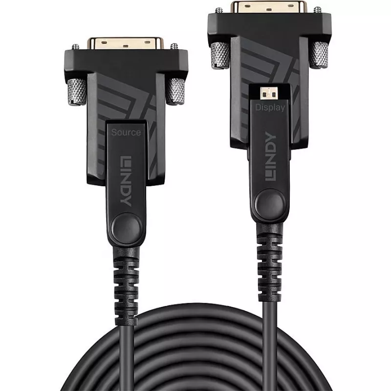 Lindy 10m optiskās šķiedras hibrīda Micro-HDMI 18G kabelis ar noņemamiem HDMI un DVI savienotājiem