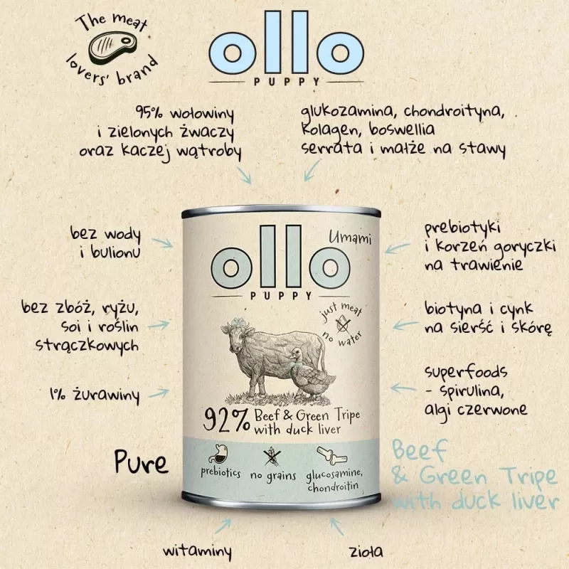 OLLO Puppy Umami Beef and Green Tripe with Duck Liver - mitrā suņu barība - 850 g