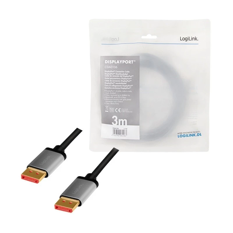LogiLink CDA0106 DisplayPort kabelis melns/pelēks 3 m