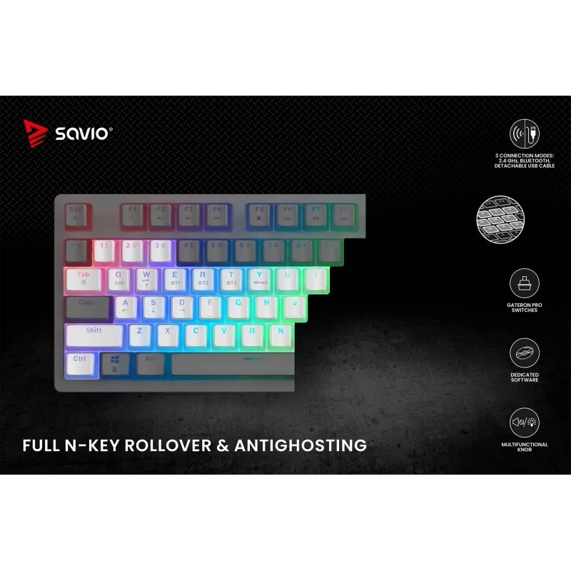 Spēļu klaviatūra Savio Phenix balta GAT RED PUD vadu bezvadu USB Bluetooth RGB LED
