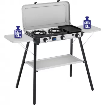 Camping Kitchen 2 Multi Cook Plus, gāzes plīts, pelēka, 2 gatavošanas zonas 2x 1,8 kW + grila plāksne 0,9 kW, modelis 2025