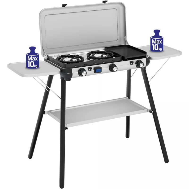 Camping Kitchen 2 Multi Cook Plus, gāzes plīts, pelēka, 2 gatavošanas zonas 2x 1,8 kW + grila plāksne 0,9 kW, modelis 2025