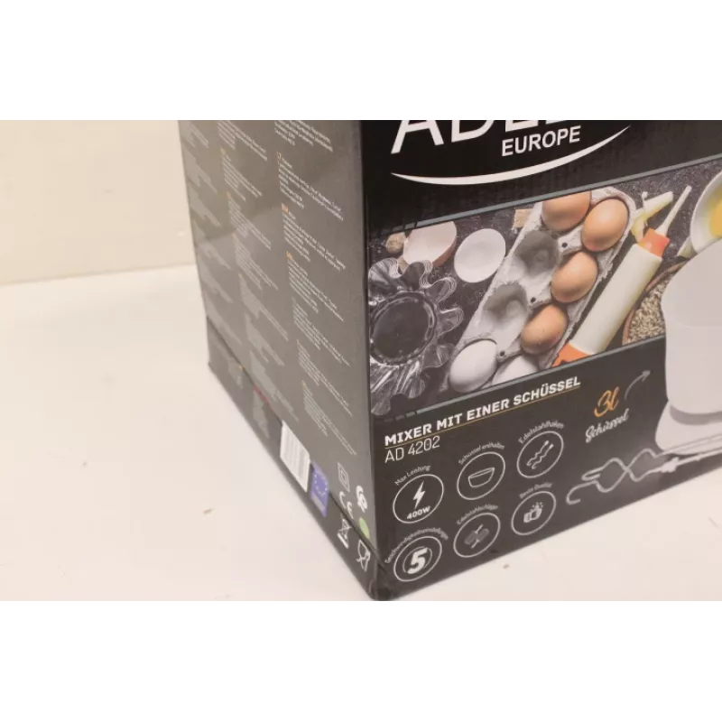 IZPĀRDOŠANA | Adler | Mikseris | AD 4202 | Mikseris ar bļodu | 300 W | 5 ātrumi | Turbo režīms | Balts | BOJĀTS IEPAKOJUMS