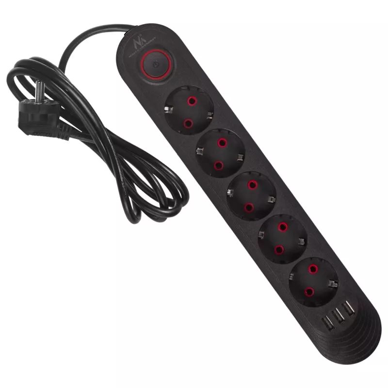 Strāvas sadalītājs MACLEAN MCE395 B — 5 ligzdas, 3×USB, 110–240 V maiņstrāva, 2,1 A USB, 2500 W, 1,5 m kabelis, melns