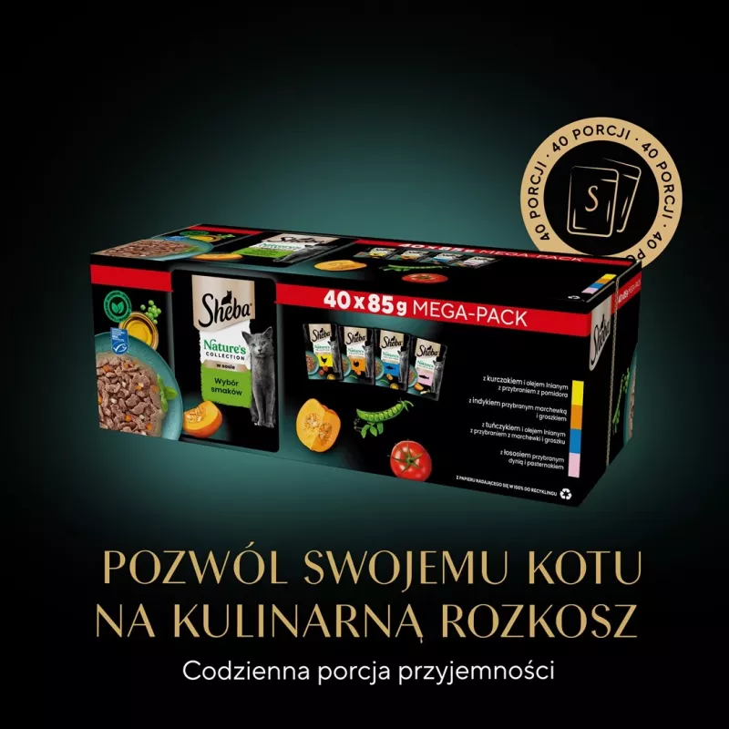 Mitrā kaķu barība Sheba Nature's Collection Mix 40×85 g paciņu iepakojums — pieaugušiem kaķiem, galvenā garša tītars, mitruma saturs 83%, olbaltumvielas 7,8%