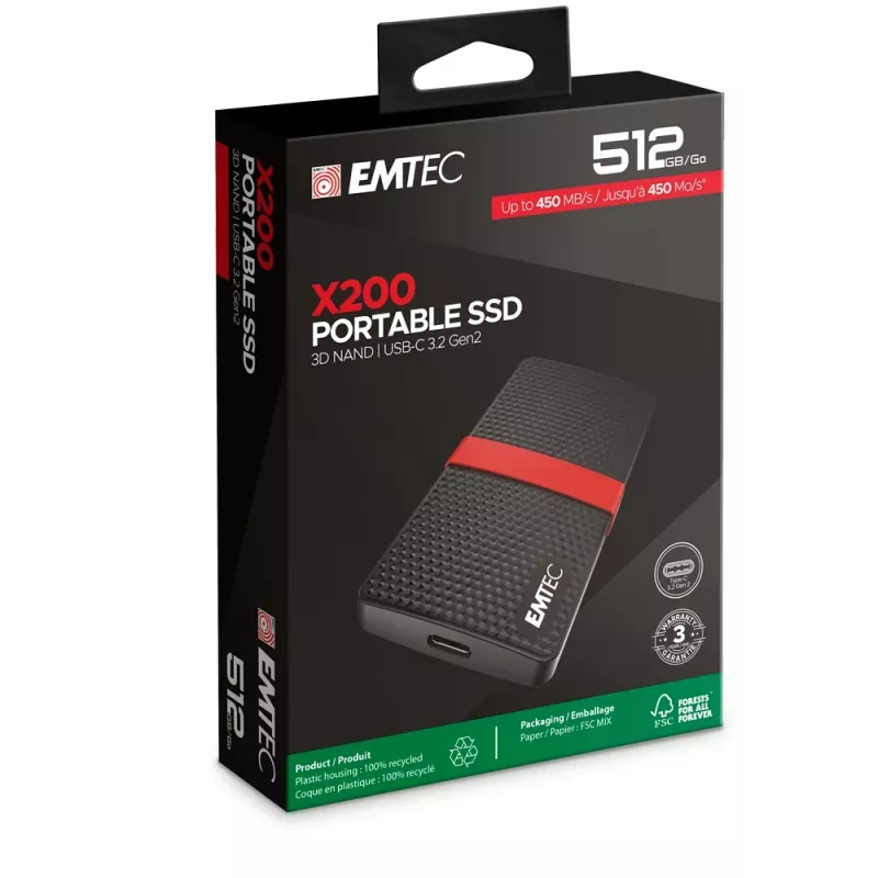 SSD Emtec 512GB USB Type-C 3.2 Gen 1 Melns Red X200