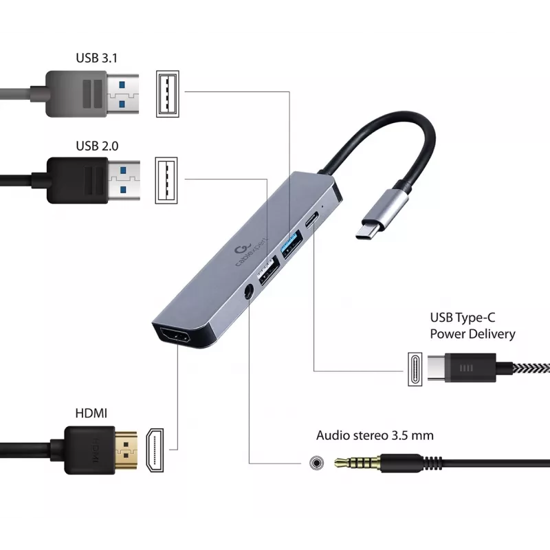 Gembird A-CM-COMBO5-02 klēpjdatora dokstacija/portu replikators Vadu USB 3.2 Gen 1 (3.1 Gen 1) Type-C Sudraba