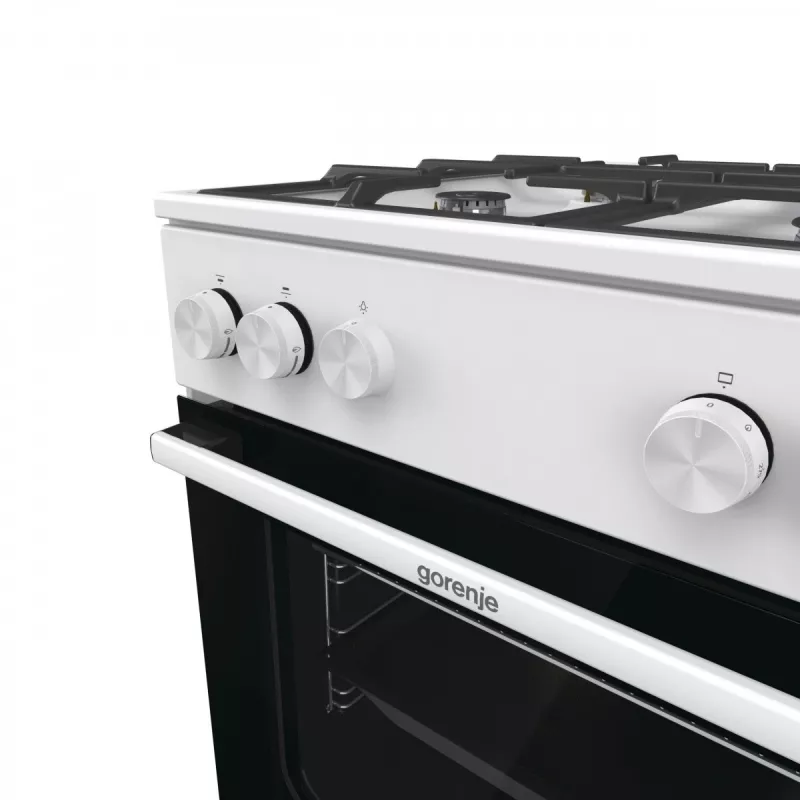 Brīvi stāvoša gāzes plīts Gorenje GG6A10WFFM, balta, 4 degļu plīts virsma, 72 L gāzes cepeškrāsns, rotējošas priekšējās vadības ierīces