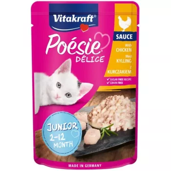 Mitrā kaķu barība Vitakraft Poésie Délice Junior — vistas gaļa, 85 g paciņa, olbaltumvielas 8,5%, tauki 5%, mitrums 84%
