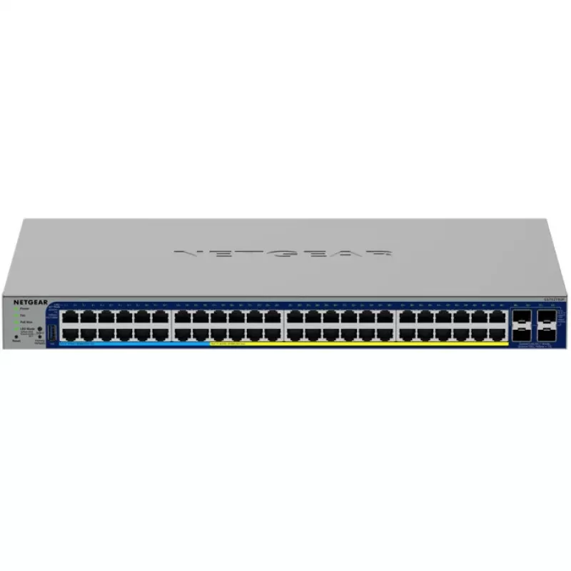Vadāms Gigabit PoE komutators NETGEAR GS752TXUP — 48× Gigabit RJ-45, 10G atbalsts, 1U statīvs, 176 Gbit/s komutācijas jauda