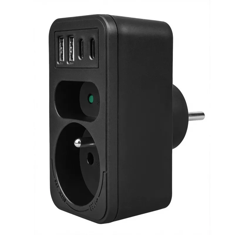 Strāvas sadalītājs MACLEAN MCE249 F/B — 2 maiņstrāvas ligzdas (16A + 6A) ar 2×USB-A un 2×USB-C PD 20W, ES spraudnis, melns