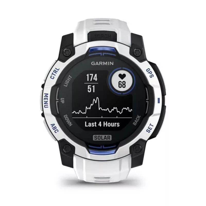 Viedpulkstenis GARMIN Instinct 2 45 mm, MIP 0,9 collas (176×176), GPS, saules enerģija, silikona siksniņa zila/balta