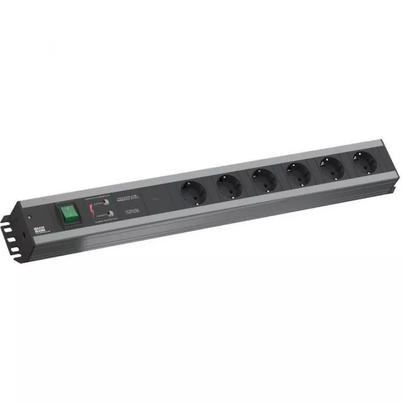 Strāvas sadales bloks Bachmann 300.012, PDU Basic, 6 maiņstrāvas rozetes, 2U, 2 m kabelis, melns/pelēks