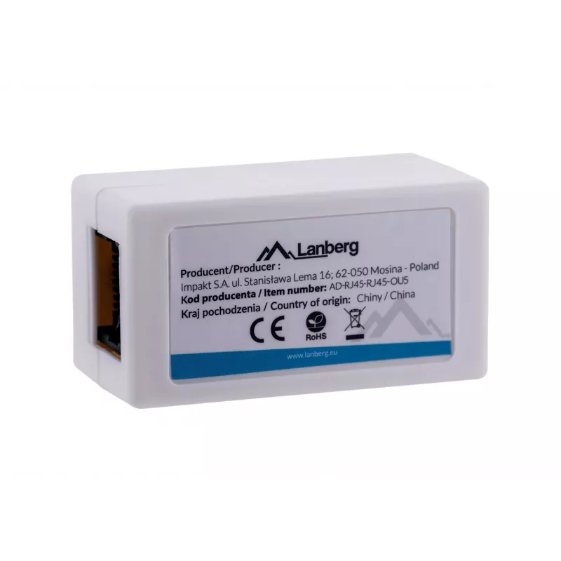 LANBERG savienotāju adapteris RJ-45 uz RJ-45, sieviešu–sieviešu, U/UTP Cat5e, balts