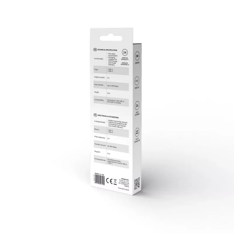 USB 2.0 kabelis SAVIO CL-168, USB A (vīrišķais) uz USB C (vīrišķais), 3 m, balts