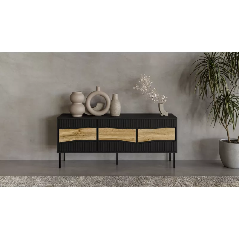 TV skapis cama meble INSERTO 3D 143,5x40x61,5 cm melns ar LED, skaidu plātnes augšdaļa