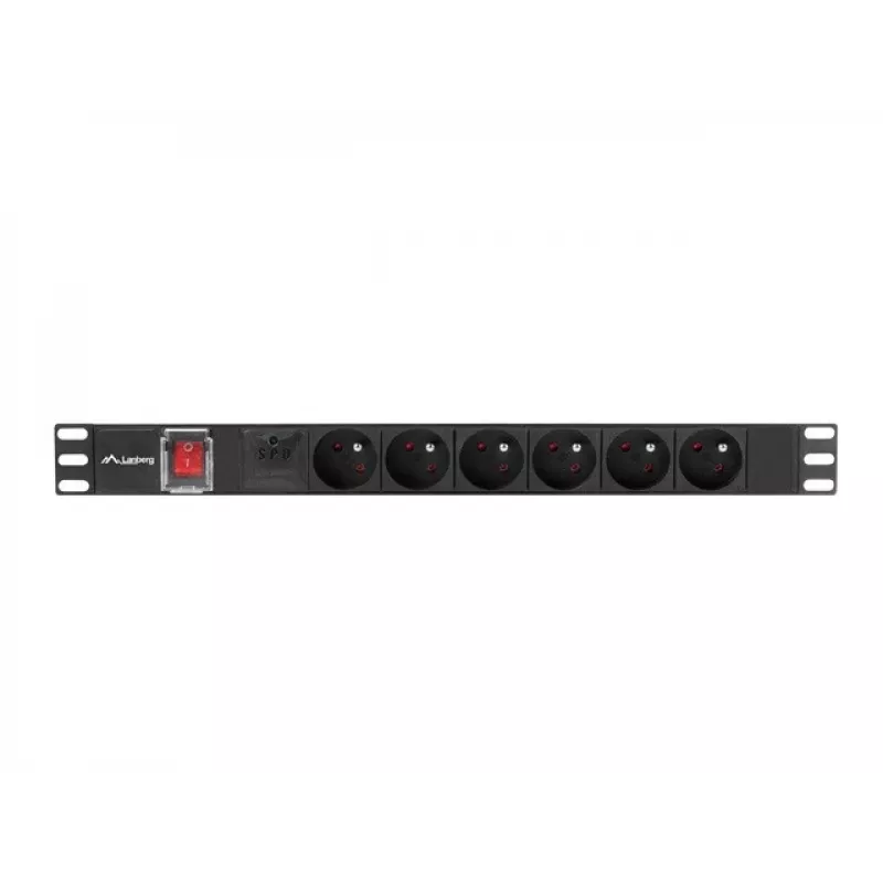 Strāvas sadales bloks LANBERG PDU-06E-0200-BK — 6 x E tipa rozetes, 16 A, 2 m kabelis, 1U statne, 220–250 V