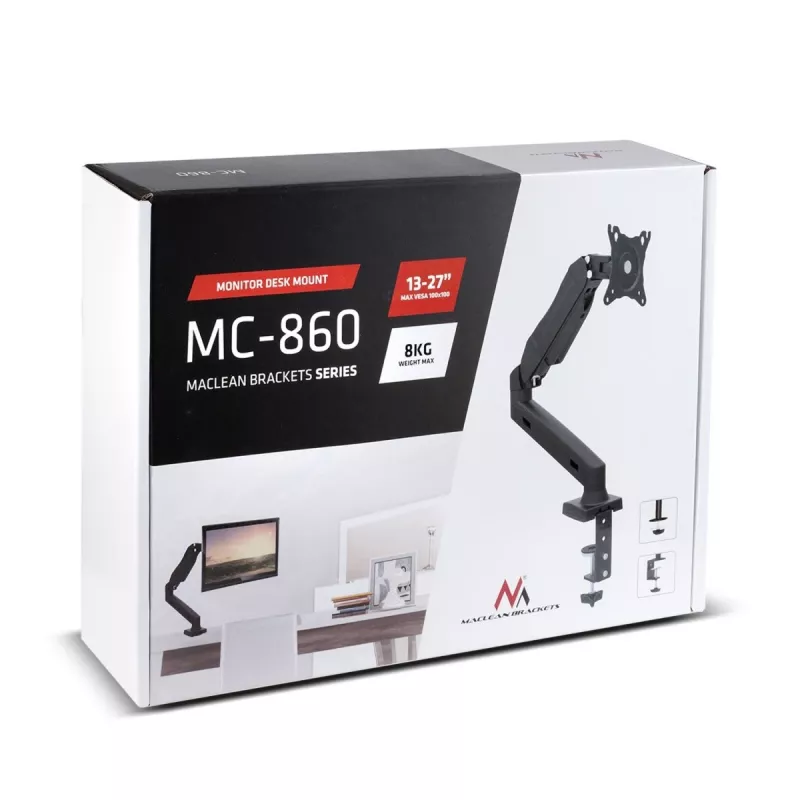 Monitora stiprinājums MACLEAN MC-860 galda stiprinājums 27 collu (68,6 cm) ekrāniem, VESA 75x75–100x100, maks. slodze 8 kg, melns