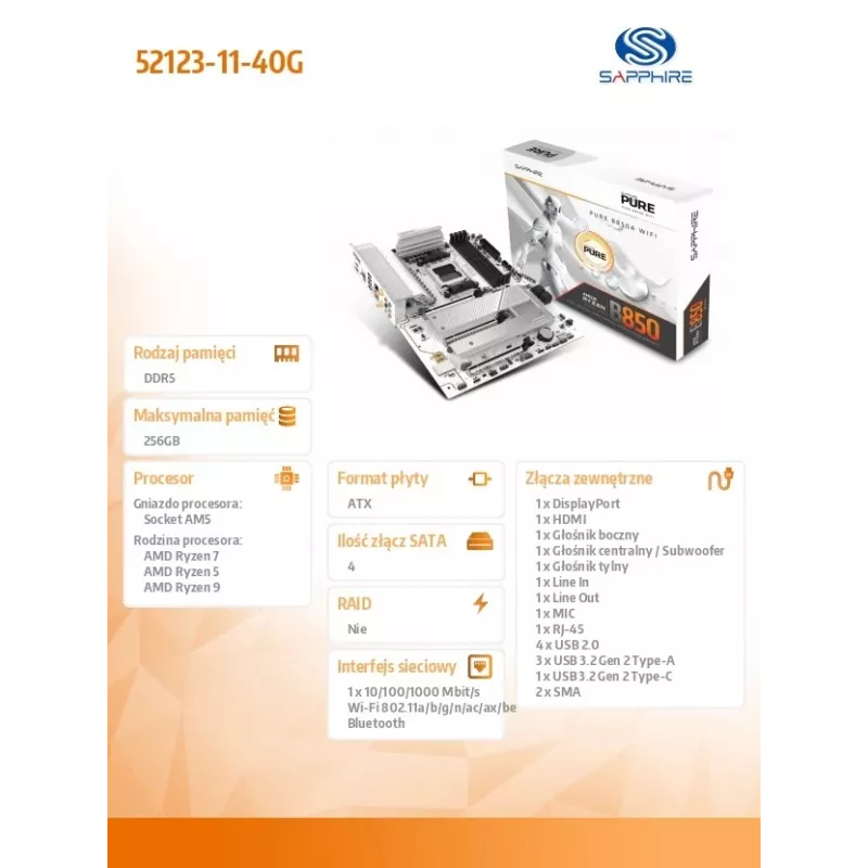 Mātesplate Sapphire PURE B850A WIFI7 ATX — B850 mikroshēmojums, Wi‑Fi 7, DDR4 atbalsts