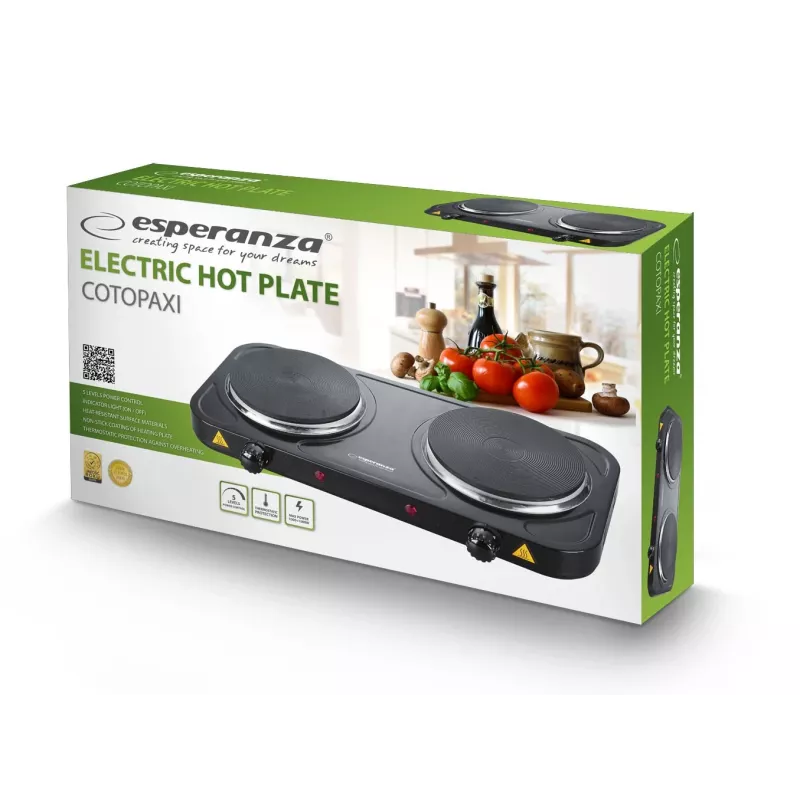 Virsmas elektriskā plīts ESPERANZA EKH010K — 2 zonu, melna, 155 mm, 2000 W, rotējošas vadības