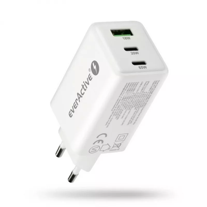 Strāvas lādētājs everActive SQ-655Q 65W, 1×USB-A + 2×USB-C ātra uzlāde