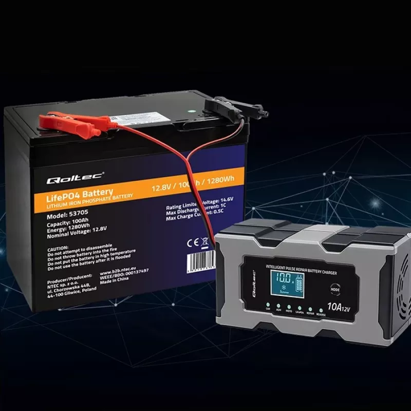 Lādētājs QOLTEC 52493 12V 10A ar remonta funkciju AGM baterijām