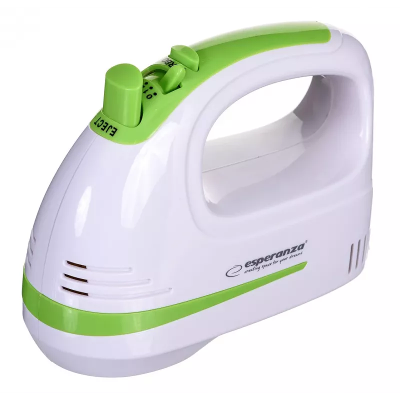 Rokas mikseris ESPERANZA EKM011 — 400 W, 5 ātrumi, turbo, mīklas āķi un putotāji, 220–240 V, balts/gaiši zaļš