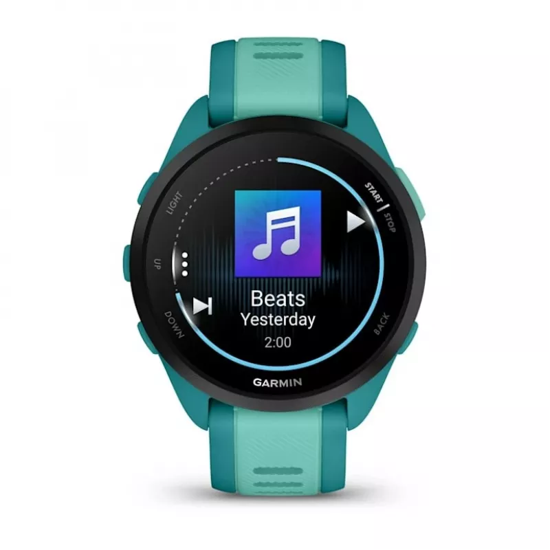Viedpulkstenis GARMIN Forerunner 165 Music — 43 mm polimēra korpuss, 1,2 collu AMOLED, 4 GB, GPS/GLONASS/Galileo, 5 ATM