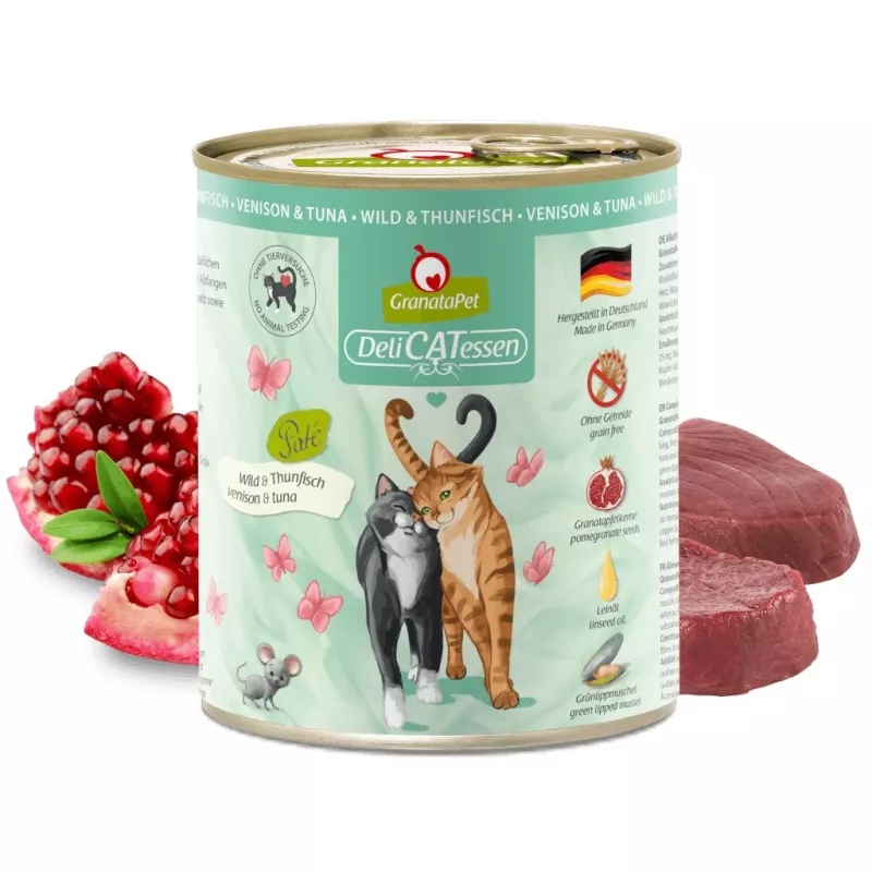 Mitrā kaķu barība Fox4Pets DeliCATessen Game and Tuna 800 g — brieža gaļa un tunzivs, pieaugušiem kaķiem, pilnvērtīga barība, bez lipekļa un sojas