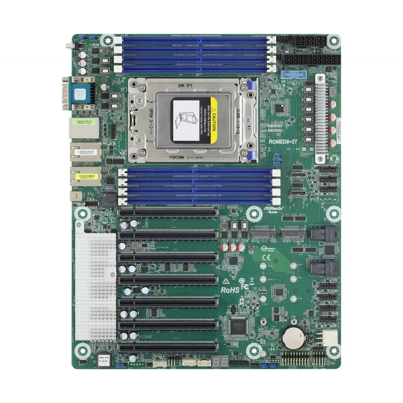 Mātesplate ASRock ROMED8-2T ATX priekš AMD EPYC LGA 4094, 8× DDR4 DIMM, astoņu kanālu, 2× M.2, 8× SATA III, 10GbE, 3× RJ‑45