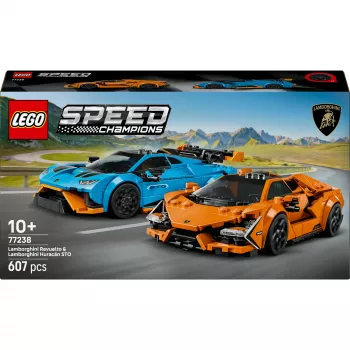 Konstruktors LEGO Speed Champions komplekts 77238 — Lamborghini Revuelto & Huracán STO, 607 detaļas, 2 minifigūras, ieteicamais vecums 10+