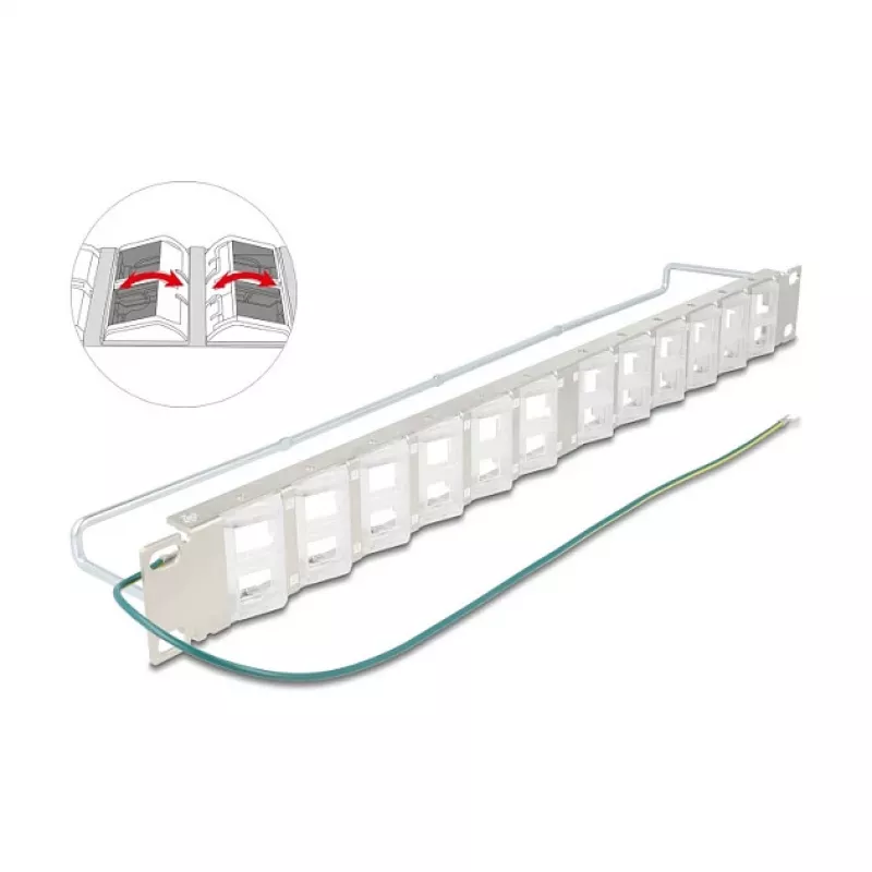 Patch panel 19 inch DELOCK 24-port keystone, noliecami porti, stiepes sprieguma samazināšana, 1U metālisks
