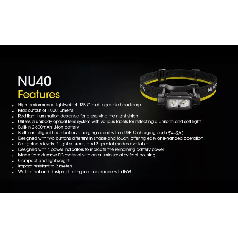 Galvas lukturis Nitecore NU40 melns LED 2 lampas IP68