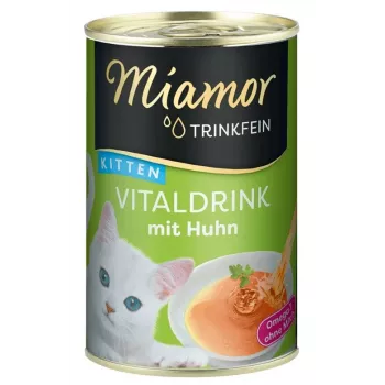 Šķidrs kaķu našķis Miamor MIAMOR Trinkfein Kitten Vitaldrink ar vistu 135 ml, bez graudaugiem, šķidrs gaļas našķis