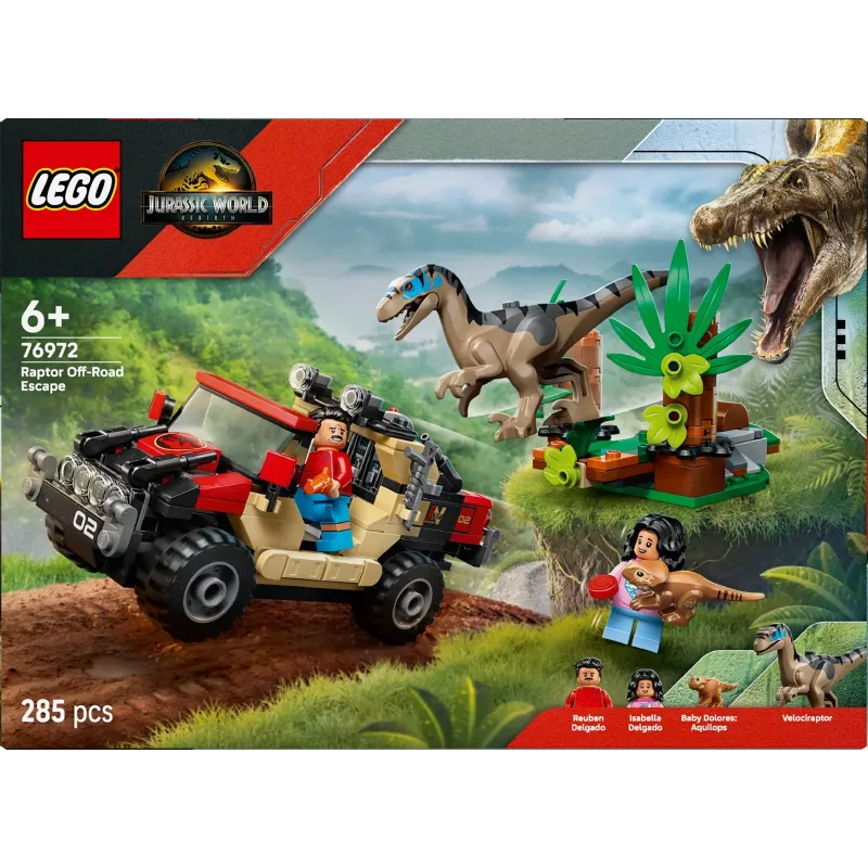 Konstruktoru komplekts LEGO Jurassic World 76972 Raptor Off-Road Escape, 285 gab., 2 minifigūras, vecumam no 6+