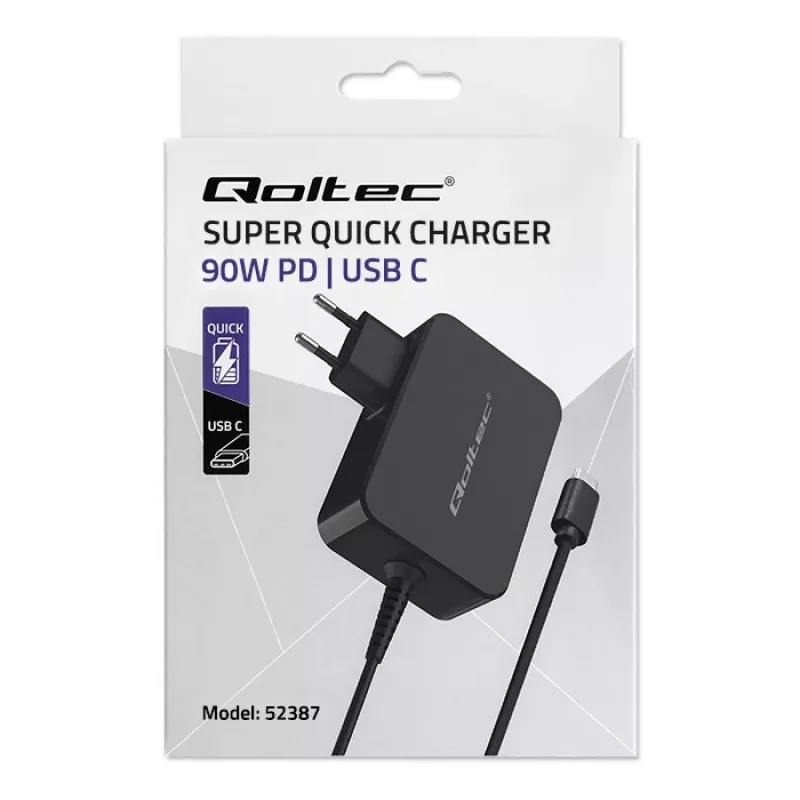 GaN strāvas adapteris QOLTEC 52387 90W 1x USB‑C 5–20V