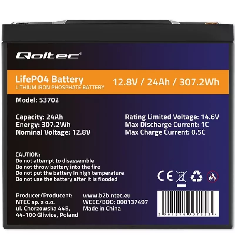 Qoltec 53702 LiFePO4 litija dzelzs fosfāta akumulators | 12.8V | 24Ah | 307.2Wh | BMS