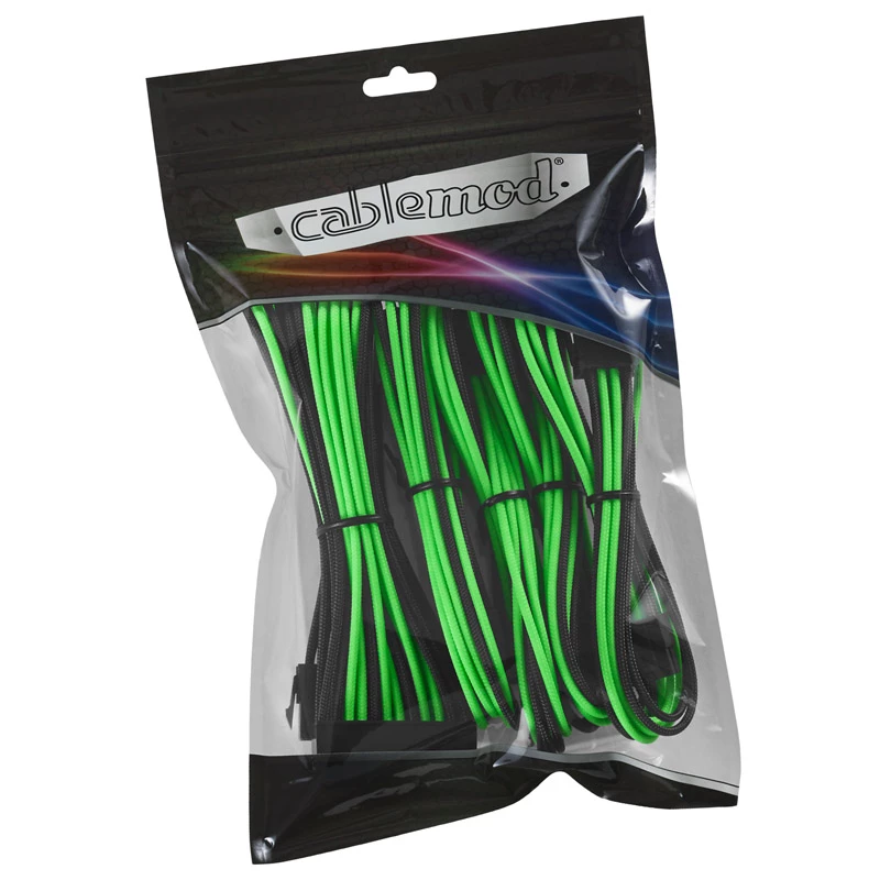 Kabeļa pagarinātāju komplekts CableMod CM-CAB-CKIT-N86KKLG-R — 8+6-pin strāvas pagarinātāji, melns/zaļš