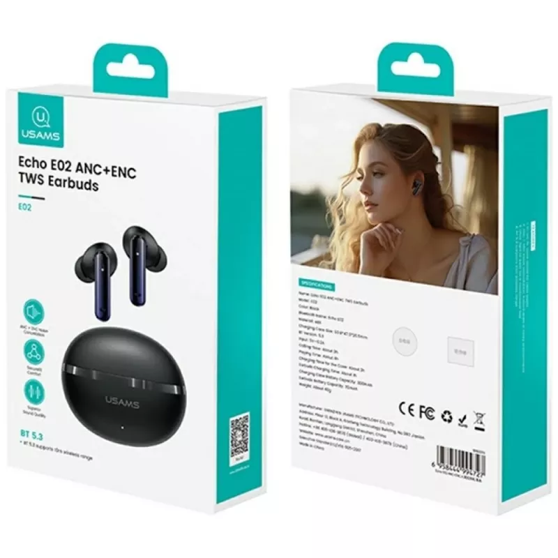 Bluetooth austiņas Usams TWS E02 ANC+ENC melnas